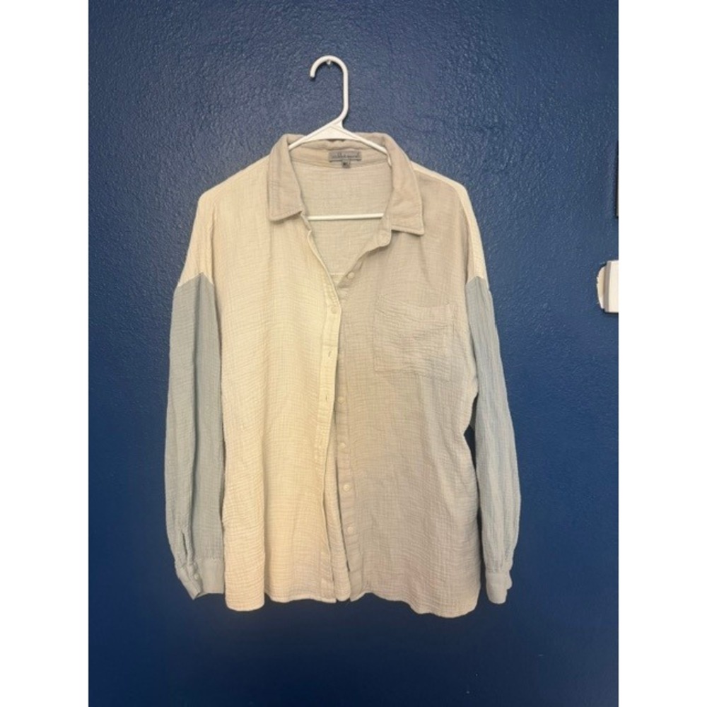 Wishlist Apparel Colorblock Gauze Button Down‎ Shirt Cream Blue Tan M/L Boho (B)